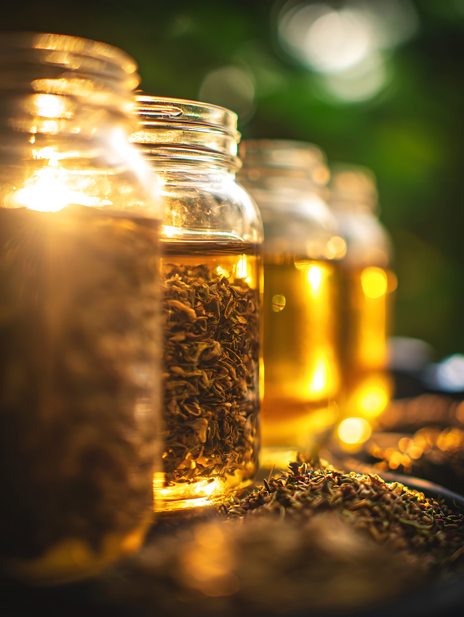 A close up image showcases several glass jars filled with loose leaf tea, bathed in warm, golden sunlight. The image highlights the texture and color of the tea leaves, creating a visually appealing and appetizing scene. Perfect for websites, blogs, or packaging related to tea or healthy beverages.